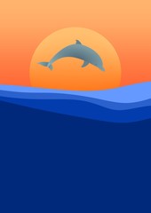 Obraz premium Dolphin jumping above sea level at sunset with orange sun and orange sky