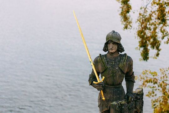 Statue of the knight Bruncvik on Charles bridge, Prague, Czech r