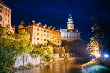 Beautiful night view to castle tower in Cesky Krumlov, Czech rep