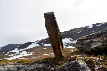Fototapeta premium Stone standing upright in subarctic mountains, Swedish Lapland