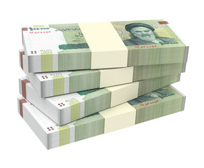 Iranian rials bills isolated on white background. Computer generated 3D photo rendering.