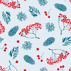 Merry Christmas. Seamless pattern. Rowanberry, cones. Cover. Wallpaper.