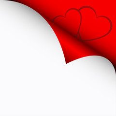 Red curled corners of white sheets with two simple hearts, valentines day illustration