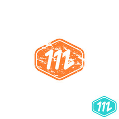 Logo M letter, mockup emblem effect shabby paper, design element orange sticker template