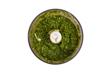 Basil Pesto on white background. Selective focus.