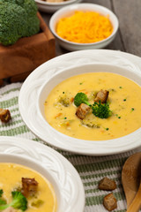 Broccoli Cheddar Soup. Selective focus.