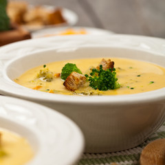 Broccoli Cheddar Soup. Selective focus.