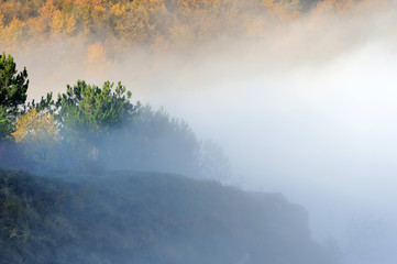 Obraz na płótnie Canvas Hill in the sunrise misty fog and clouds