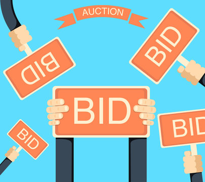 Auction And Bidding Banner With Hands Holding Bords