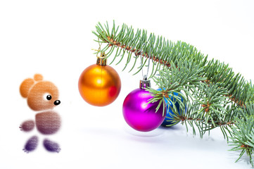 Branch of Christmas tree and cute bear