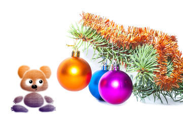 Painted cute bear looks at his creation