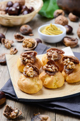 cestnut's custard cream bignè with walnuts and figs