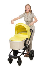 Woman with pram isolated on white
