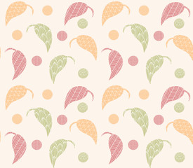 Seamless pattern with hand drawn leaves with line patterns