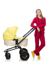 Woman with pram isolated on white