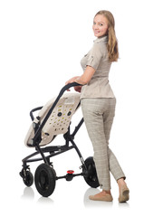 Woman with pram isolated on white
