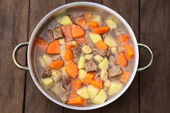 Traditional Hungarian soup called Gulyasleves (Goulash soup) made of beef, potato, carrot, onion, csipetke (Selective Focus)