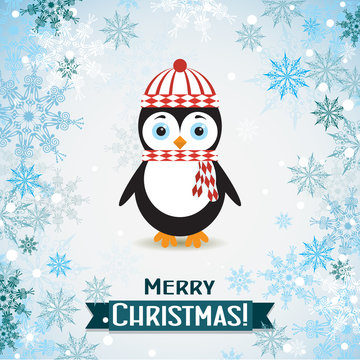Template Christmas greeting card with a penguin, vector