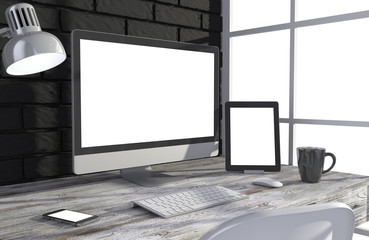 Fototapeta premium 3D illustration PC screen on table in office, Workspace
