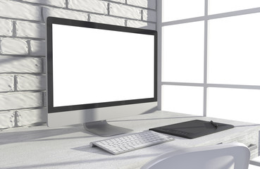 Fototapeta premium 3D illustration PC screen on table in office, Workspace