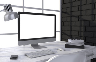 Fototapeta premium 3D illustration PC screen on table in office, Workspace