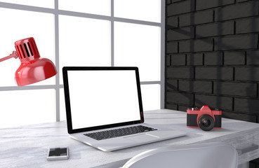 3D illustration laptop and work stuff on table near brick wall, Workspace
