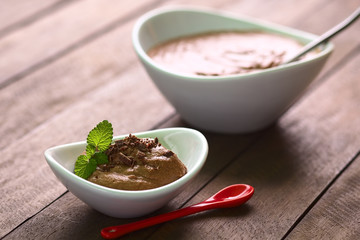 French dessert called Mousse au Chocolat, made of melted chocolate, egg, cream and sugar (Selective Focus, Focus into the middle of the dessert)