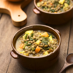 Vegetarian soup made of lentils, spinach, potato, carrot and onion served in dark brown bowls (Selective Focus, Focus one third into the soup)