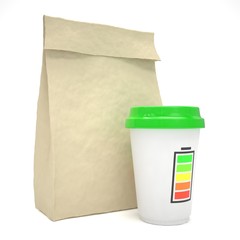 Coffee to go and lunch bag, on white.