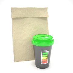 Coffee to go and lunch bag, on white.