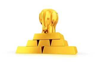 golden statue of an elephant on the pyramid of gold bars