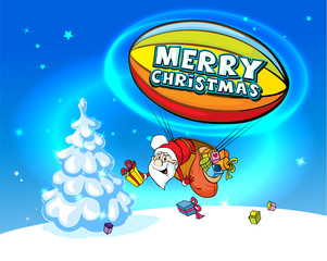 Santa Claus in airship full of gifts - vector illustration on shiny blue background