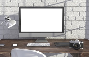 Fototapeta premium 3D illustration PC screen on table in office, Workspace