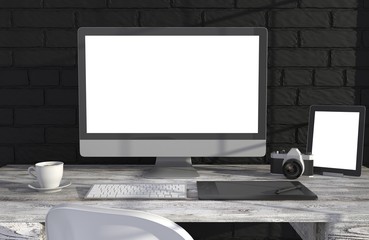 Fototapeta premium 3D illustration PC screen on table in office, Workspace