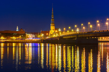 Old Town and River Daugava at night, Riga, Latvia