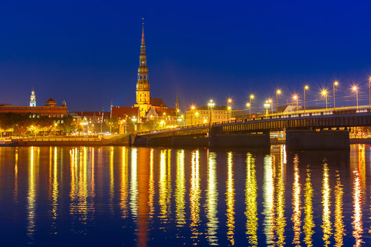Old Town and River Daugava at night, Riga, Latvia