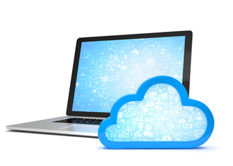 Laptop with cloud computing symbol. 3d render