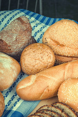 Bakery products and tablecloth on a table