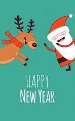 Happy New Year card. Santa Claus and Christmas deer. Vector illustration