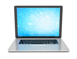 3d rendering of a laptop with blue wallpaper with app icon