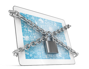 tablet PC with chains and lock isolated on white background