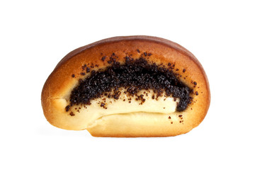 Sweet bun with poppy seeds on white background