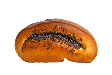 Sweet bun with poppy seeds on white background
