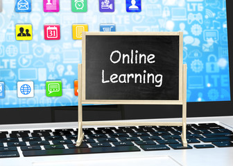  Laptop with chalkboard, online education concept