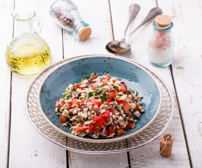 Salad with pearl barley and vegetables.selective focus