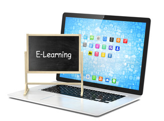  Laptop with chalkboard, e-learning, online education concept