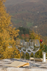 la tavola apparecchiata sulla terrazza con vista sulle montagne