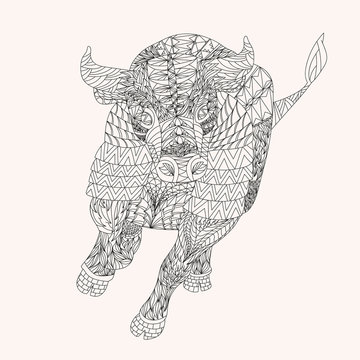 Patterned bull zentangle style. Good for T-shirt, bag or whatever print. EPS 10 vector illustration