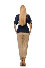 Fototapeta premium Tall woman in blue pullover isolated on white