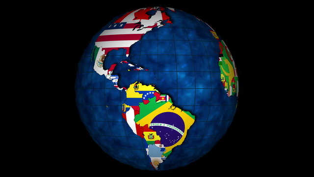 4K, Globe with oceans and with the countries and their national flags rotating
